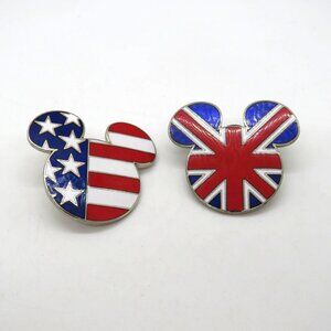 Lot 2‎ Disney Mickey Mouse Flag Pins United States United Kingdom Enamel